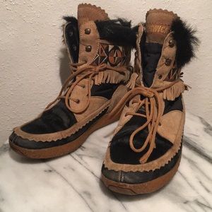 Tan Moccasin Boots with Faux Fur and Fringe